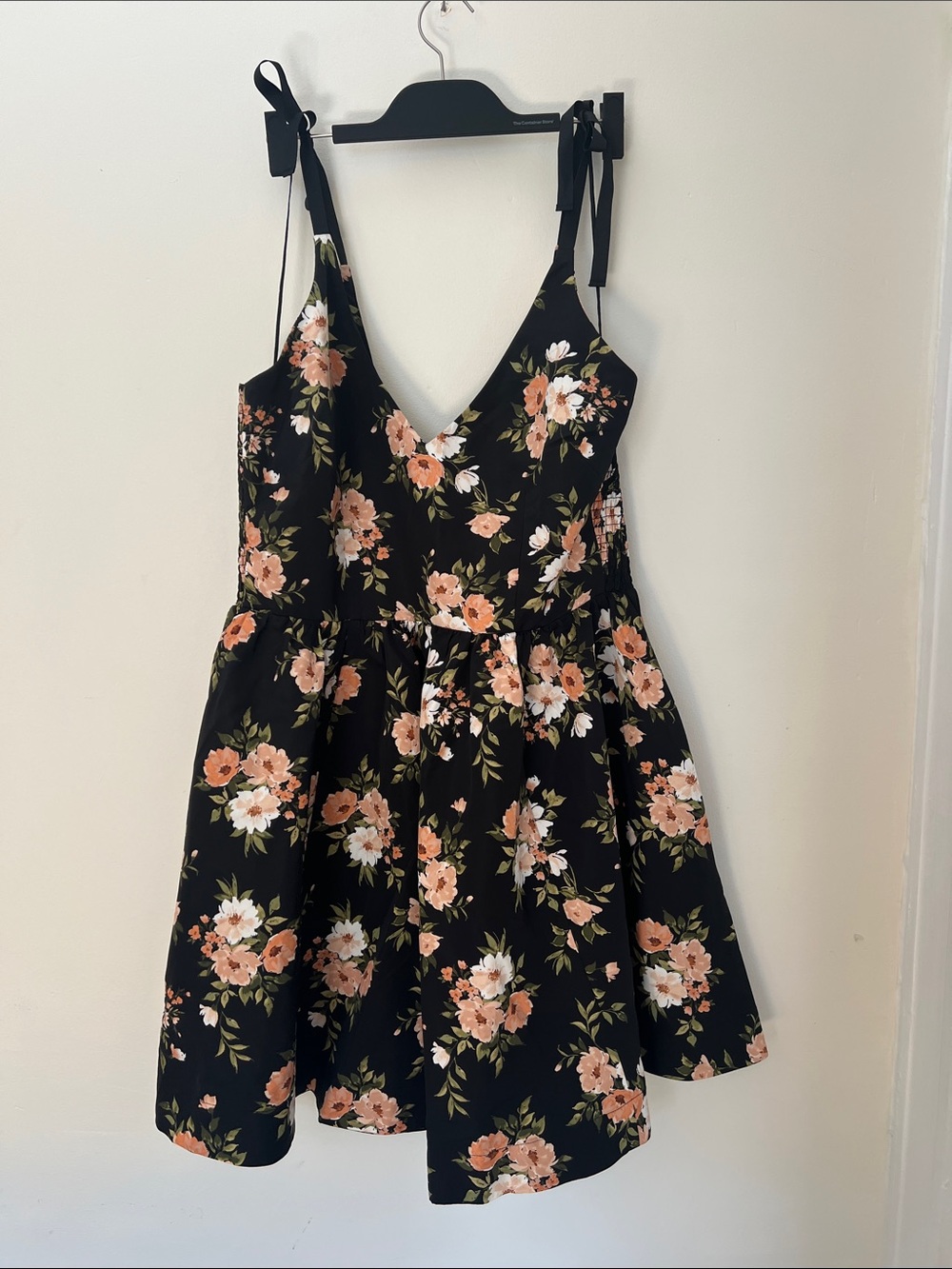 Old Navy Black Floral Tie-Shoulder Dress with Peach & White flowers